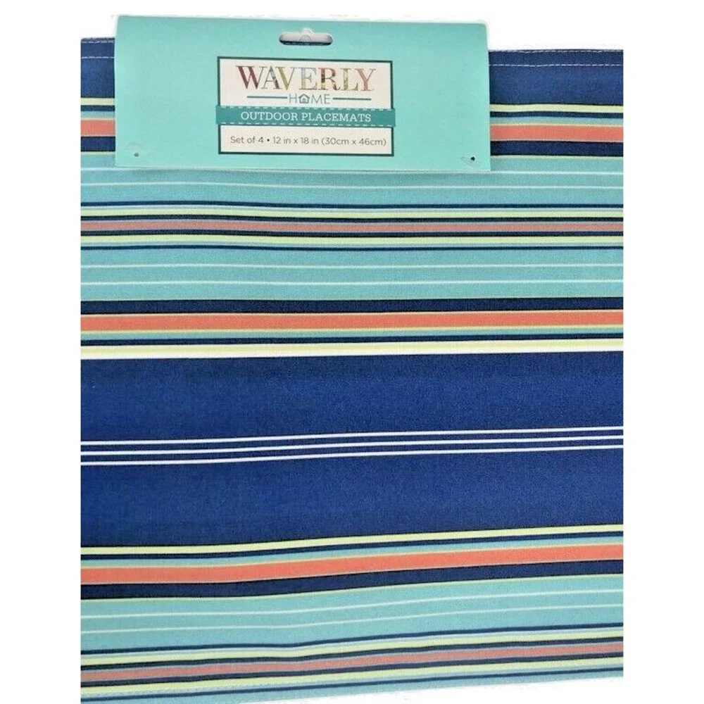 Waverly Placemats Blue Striped Fabric Indoor Outdoor Beach Summer Set of 4